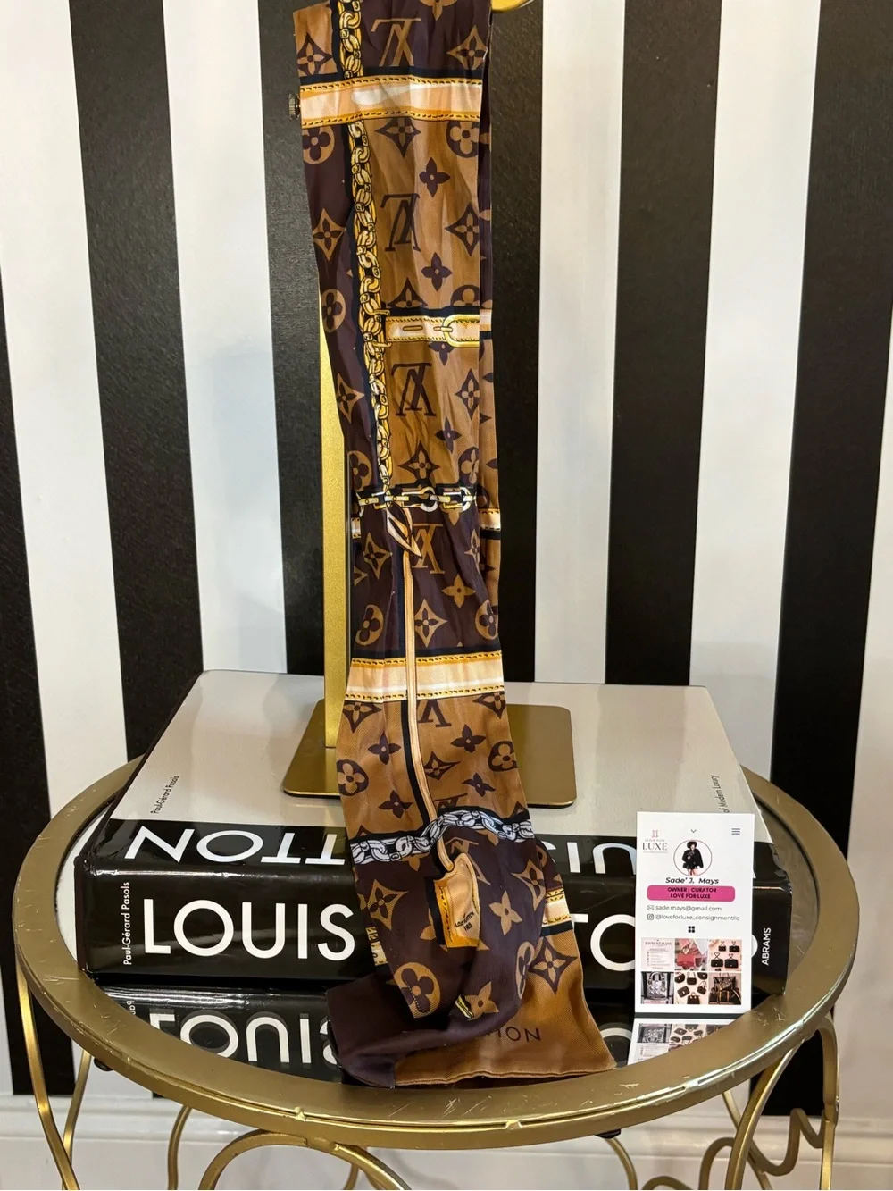 Louis Vuitton Brown & Gold Patterned Silk Twilly. Preloved